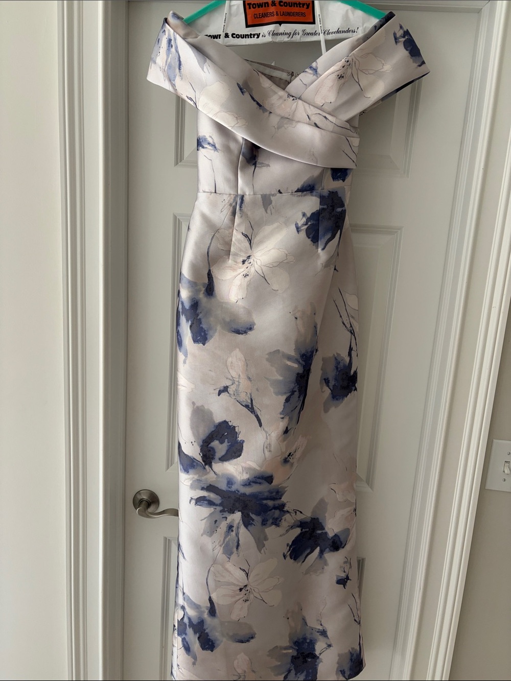 ALFRED SUNG Constance Light gray and Blue Floral Off-Shoulder Maxi Dress - Picture 7 of 15